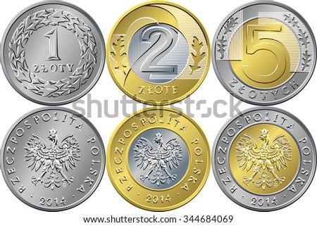 vector reverse and obverse Polish Money one, two and five zloty gold and silver coins with Value and eagle in golden crown