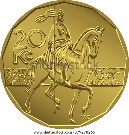 Gold money, reverse of the coin twenty czech crones with figure 20 and a sign of the crown to the left of the stylized image of the equestrian statue of St Wenceslas on Wenceslas Square in Prague