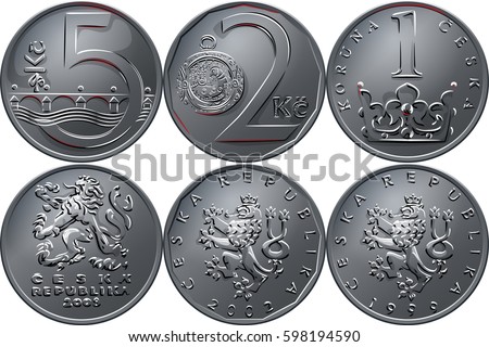 Set silver money, reverse and obvers of the coins one, two and five czech crones.