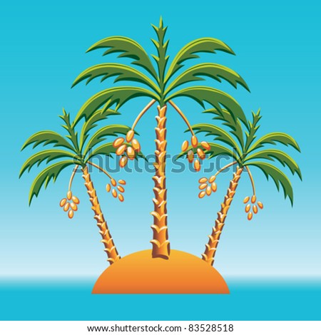 vector tropical landscape of the island in the ocean and three date palm trees