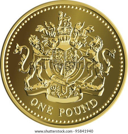 Vector British money gold coin one pound with the image of a heraldic lion, unicorn, shield and crown.
