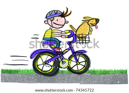 Boy and Dog on Bike-- Naive child-like art style