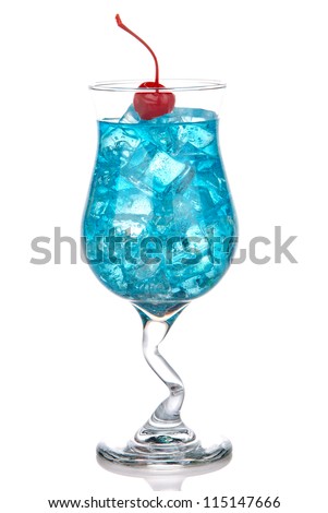 Blue Hawaiian Lagoon Cocktail with with malibu rum, blue curacao, vodka, tequila; pineapple juice, lime juice and red maraschino cherry on a white background