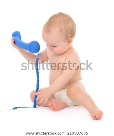 Infant child baby kid toddler playing calling by phone on a white background