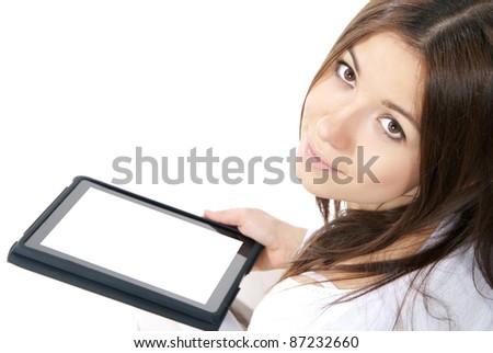 Business woman with electronic tablet touch pad computer one finger touch digital copy space blank white screen  on a white background