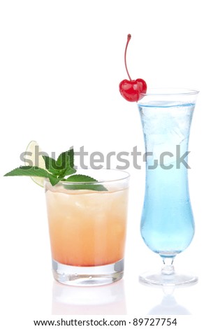 Cocktails alcohol drinks spirits margarita, martini, blue hawaiian with lemon, lime, cherry, mint in different cocktail glasses on a white background
