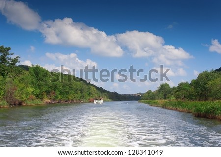 Water wake behind a speedboat