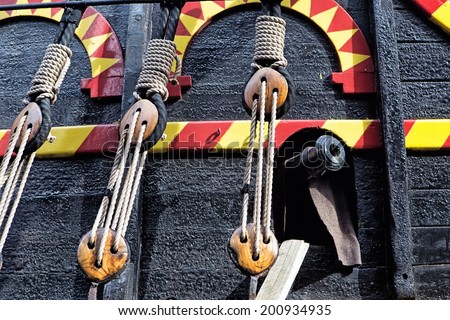 LONDON,UNITED KINGDOM - MARCH 24: Detail from replica of Sir Francis Drake\'s ship the Golden Hind on March 24,2014 in London. Sir Francis Drake was a hero to the English but a pirate to the Spaniards.