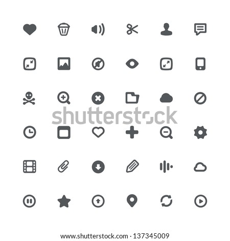 36 simple minimalistic icons for media file features and options
