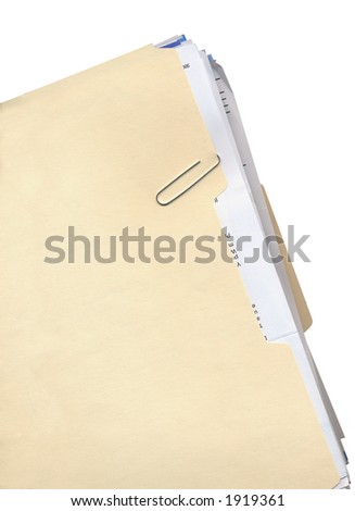 Manila folder, paper clip, and stack of papers