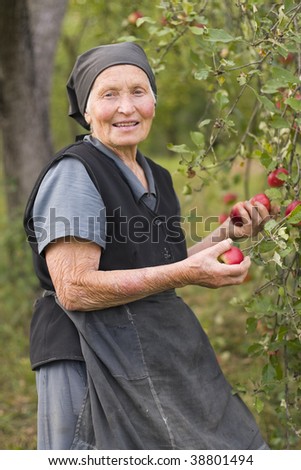 An old woman in her garden, holding in hand red apples.