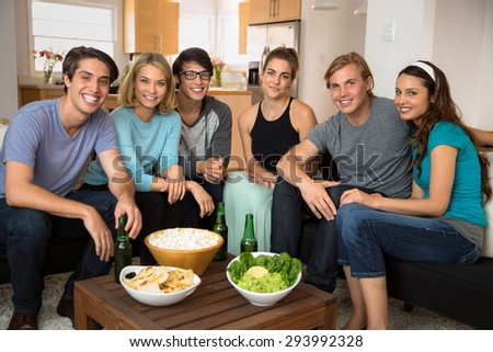 Attractive portrait group of friends get together to celebrate for fun time at home party