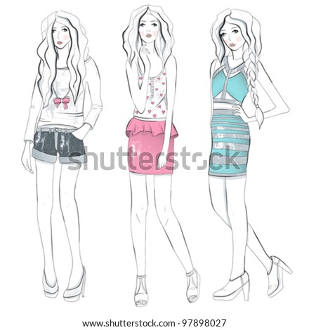 Young Fashion Girls Illustration. Vector Illustration. Background With ...