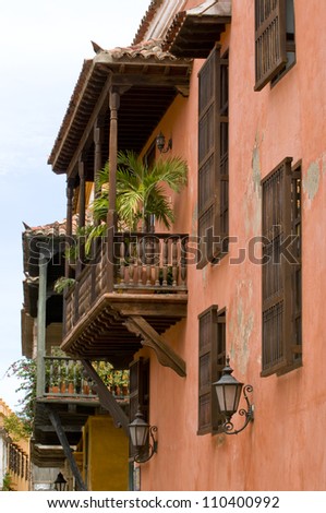 Colonial Balconies, Cartagena de Indias, Bolivar Department,, Colombia, South America.
