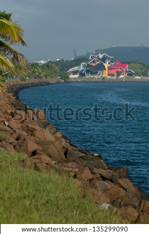 Viewing area on the Amador Causeway, and the Biodiversity museum building, the Pacific entrance to the Panama Canal, Panama city, Panama, Central America
