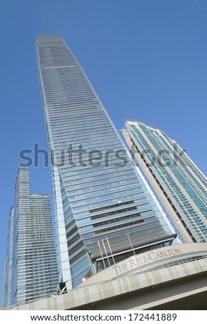 HONG KONG - JAN 9: The International Commerce Centre on January 9, 2014 in Hong Kong. ICC is a commercial space luxury residential development, modern retail and two 6-star hotels in a single location