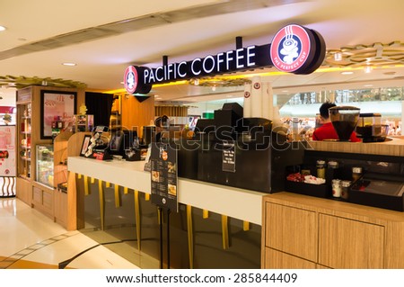 HONG KONG - MAY 4, 2015: Pacific Coffee cafe in Hong Kong. Pacific Coffee Company is a Pacific Northwest U.S.-style coffee shop group originating from Hong Kong.