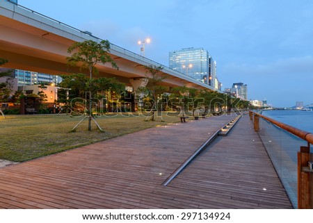 HONG KONG - JUL 8, 2015: Kwun Tong Promenade is opened at the site of the former Kwun Tong Public Cargo Working Area. It has 1000m long and opened in 2014 to 2015.