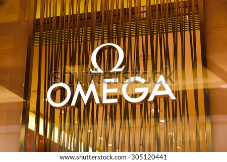 HONG KONG - JUL 29, 2015: OMEGA watch logo - OMEGA is a Swiss luxury watchmaker based in Bienne Switzerland
