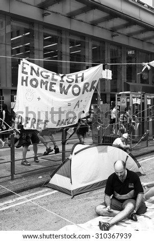 HONG KONG, CHINA - OCT 2: Hong Kong Protestors on October 2th , 2014 in Hong Kong, China. The 2014 Hong Kong protests, also known as the Umbrella Movement or Umbrella Revolution, began in September.