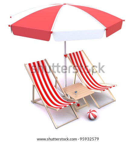 Illustration of deck chairs with table, umbrella and ball.