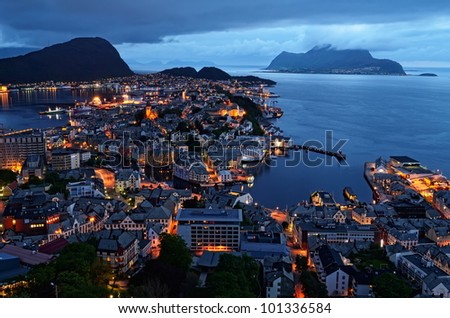 Similar – Foto Bild Alesund, Norwegen. Night View Of Moored Schiff in Alesund Insel. Sommer Morgen.