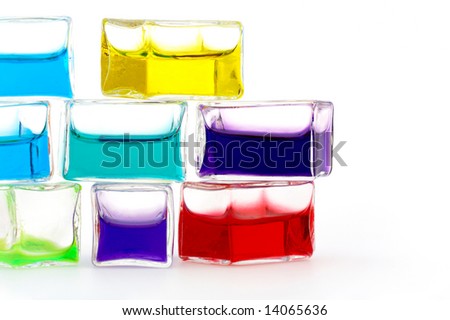 glass cubes filled with colorful liquid