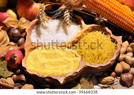 fall still-life with fruits, vegetables and cereal products