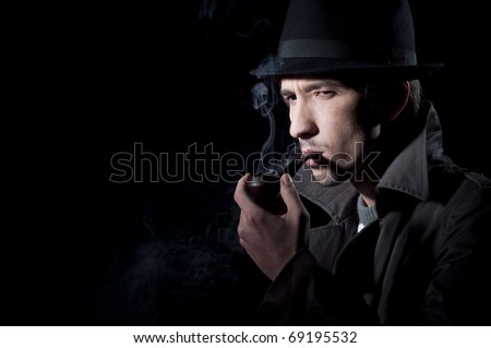 Private Detective Smoking A Pipe, Isolated On A Black Background Stock ...