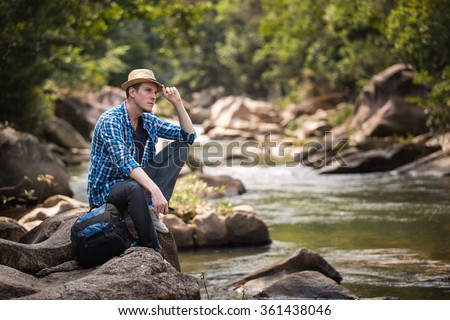 Similar – Image, Stock Photo Traveling man near waterfall in mountains