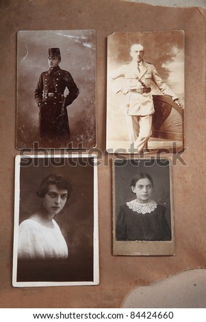 Old photos of young men as cadet in military school and adult and young woman as teen and adult. Photos taken in 1911 to 1938.