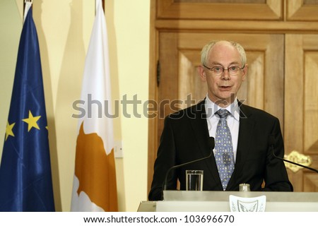 NICOSIA,CYPRUS-MAY 28:Herman Van Rompuy president of European Council during the meeting with Cypriot President Demetris Christofias on  May 28,2012 in Nicosia, Cyprus