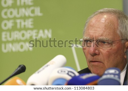 CYPRUS, NICOSIA-SEPTEMBER 15:German Finance Minister Wolfgang Schaeuble speaks to media during an ECOFIN Council  on September 15,2012 at Filoxenia Conference Center in Nicosia,Cyprus