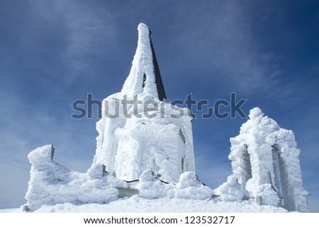 church covered with ice in Kaimaktsalan mountain in Greece