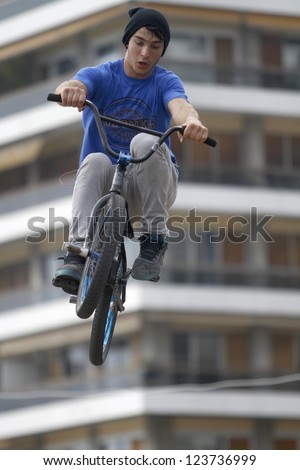 THESSALONIKI,GREECE-APRIL 29:Unidentified  bmx rider jumps during a performance during the  Thessaloniki  Street Party for European Youth Capital- Candidate City on April 29,2011