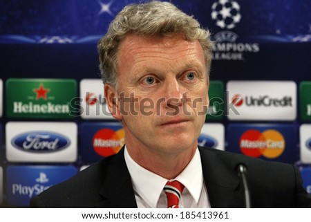 GREECE-ATHENS - FEB 24:Manchester United\'s  coach  David Moyes during the press conference for  the UEFA Champions League Last 16, at the Karaiskaki stadium in Piraeus on February 24,2014