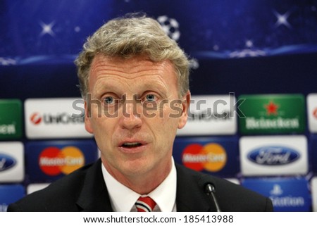 GREECE-ATHENS - FEB 24:Manchester United\'s  coach  David Moyes during the press conference for  the UEFA Champions League Last 16, at the Karaiskaki stadium in Piraeus on February 24,2014