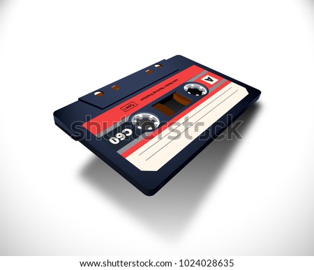 Compact cassette with C60 tape in perspective view for 80s styled covers, banners and party posters
