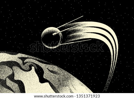Space landscape with scenic view on sputnik or artificial satellite flying around Earth made with retro styled dotwork