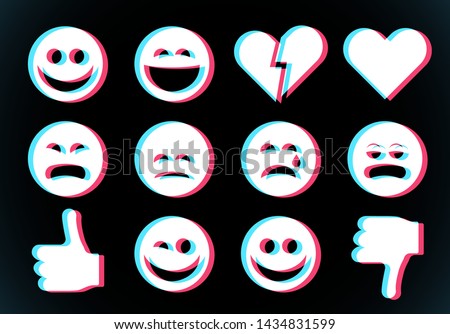 Emoji icons set with smiling face, thumbs up and heart with glitch style for modern social network