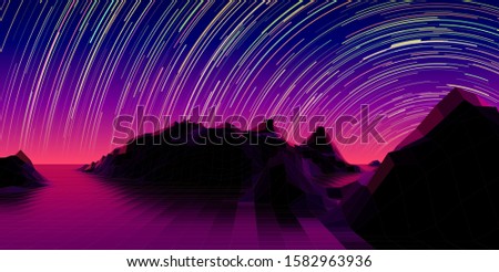Mountain landscape with 80s styled synthwave polygonal grid and star trail over the purple horizon