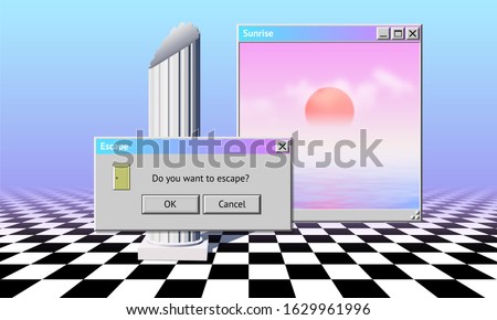 Abstract vaporwave aesthetics background with 90s style system message windows, column and checkered floor covered with pink and blue gradient mist