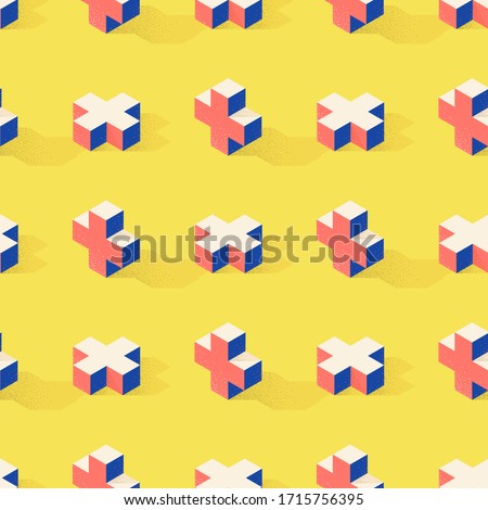 Seamless pattern with cross or plus shape on filtered yellow background in modern dotted texture style. Fabric, wrapper or wallpaper print in stylized retro flat trend