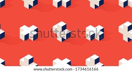 Seamless pattern with cross or plus shape on red background in modern dotted texture style. Fabric, wrapper or wallpaper print in stylized retro flat trend