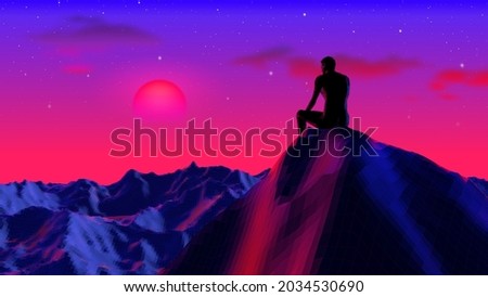 Neon colored concept with digital man sitting and thinking on the cliff with 80s synthwave style. Purple and blue mountain landscape background