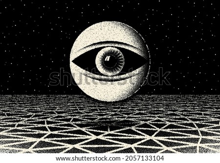 Retro dotwork landscape with 60s or 80s styled alien robotic space eye over the desert planet on the background with old sci-fi style