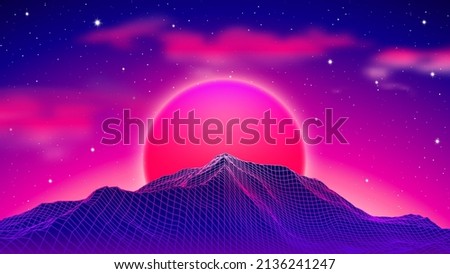 80s synthwave styled landscape with blue grid mountains peak and purple sun with clouds