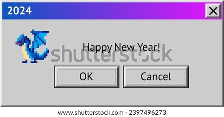 2024 New Year themed dialogue box with blue dragon. Abstract vaporwave, y2k aesthetics window with 90s style system message