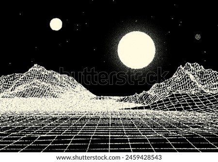 Retro dotwork landscape with 80s styled sun, grid mountains and stars background from old sci-fi book or poster.