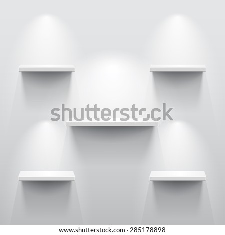 Shelves with light and shadow in empty white room.